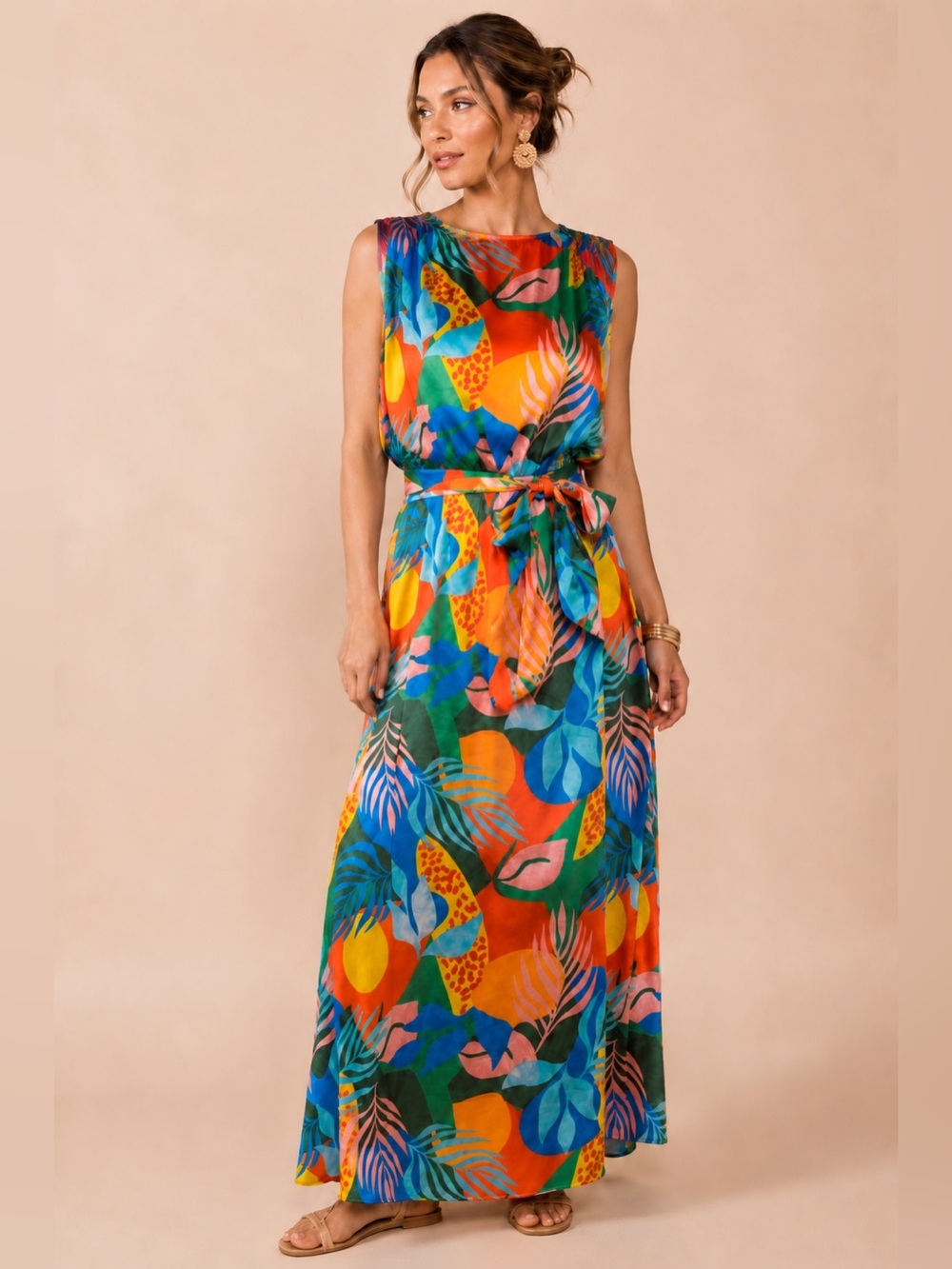 Karlie Tropical Botanical Print Belted Maxi Dress | Resort Vacation Chic